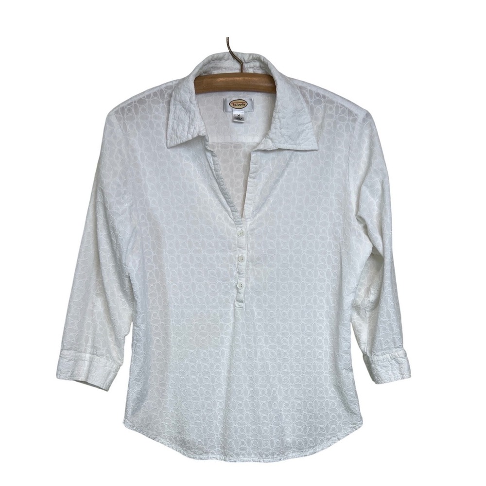 Talbots Pullover‎ Blouse Womens M White Textured Eyelet Side Zip 3/4 Sleeve A35